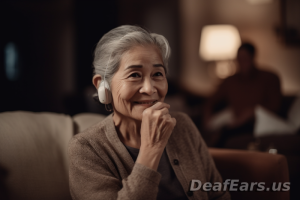 Woman with hearing aid enjoying conversation with family in a cozy living room